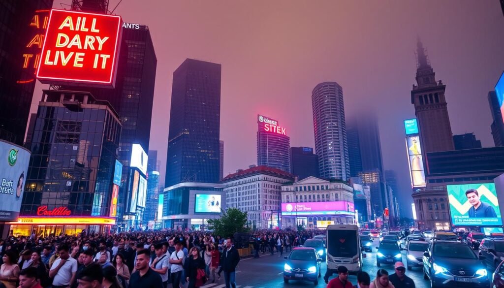 A bustling cityscape with towering skyscrapers and a vibrant, neon-lit "All Day IT" sign illuminating the night sky. In the foreground, a throng of pedestrians and vehicles navigates the busy streets, capturing the energy and dynamism of the urban environment. The middle ground features a mix of modern architecture and classic buildings, creating an intriguing visual contrast. In the background, a hazy, atmospheric skyline with a soft, warm glow sets the mood, reflecting the city's constant activity and potential for growth and innovation.