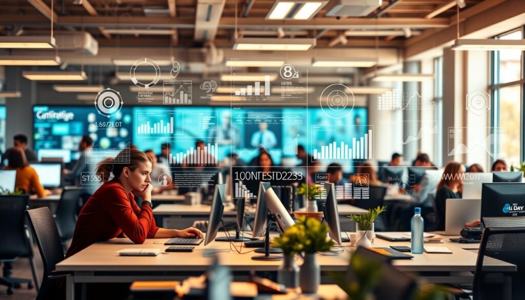 A bustling office scene, a dynamic workspace filled with vibrant energy. Sleek desks and modern furnishings, adorned with the bold "All Day IT" brand. Warm, natural lighting casts a soft glow, illuminating the intricate interplay of technology and human connection. In the foreground, a team collaborates intently, their expressions focused, synergizing to optimize performance and drive conversions. The middle ground showcases various data visualizations, charts, and digital signals, representing the insights and algorithms that power their targeted strategies. The background blurs into a minimalist, yet sophisticated ambiance, emphasizing the precision and efficiency of this digital landscape.