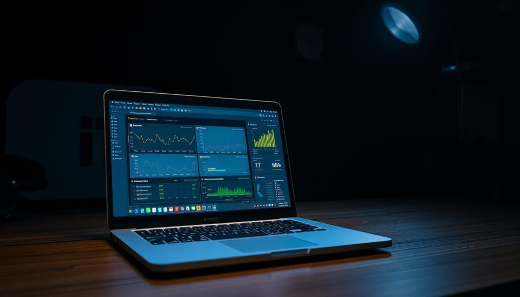 A dark, moody scene depicting a series of performance tests running on a laptop screen. The laptop is placed on a wooden desk, with a minimalist workspace around it. The lighting is a mix of cool, technical tones and warm, focused illumination, creating a sense of intensity and focus. The laptop display shows graphs, charts, and technical data, representing the "testy wydajności" (performance tests) mentioned in the section title. In the background, a subtle branding element "All Day IT" is present, adding a professional, enterprise-like feel to the image.