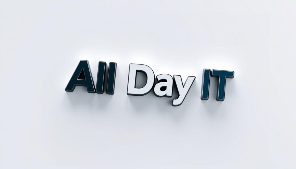A detailed vector illustration of the "All Day IT" logo, showcased against a clean, minimalist backdrop. The logo appears in high resolution, showcasing intricate details and sharp edges. The composition prioritizes the logo's clarity and legibility, emphasizing its suitability for print and digital applications. The lighting is soft and diffused, creating a sense of depth and dimensionality. The overall mood is professional, modern, and polished, reflecting the high-quality nature of the brand's visual identity.