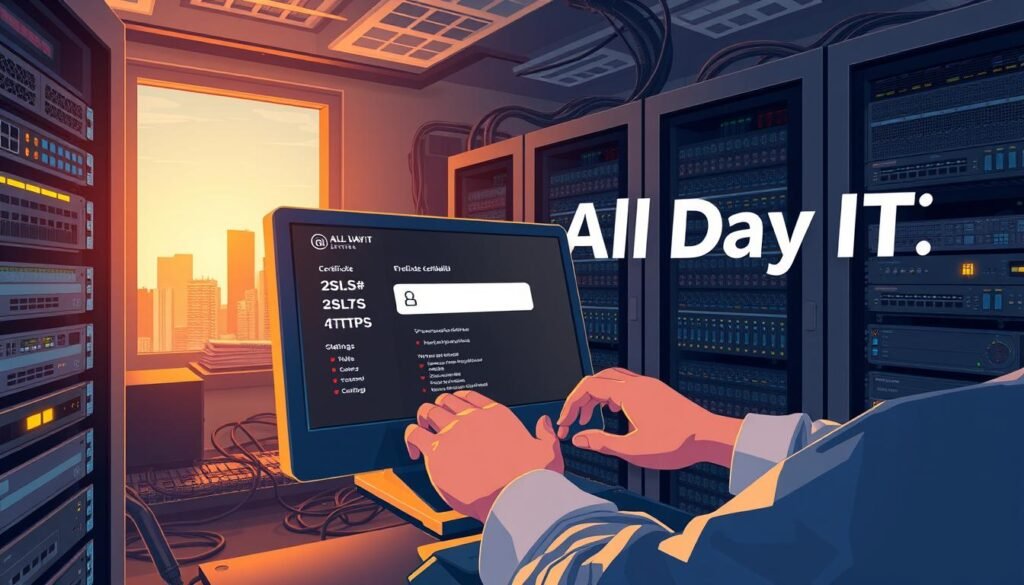 A high-resolution digital illustration showcasing the process of SSL/HTTPS certificate installation. The scene depicts a server room with racks of computing equipment, illuminated by warm, ambient lighting. In the foreground, a technician's hands are carefully guiding a computer monitor, representing the interface for managing the SSL/HTTPS configuration. The middle ground features various networking equipment, cables, and a window overlooking a city skyline, conveying a sense of security and professionalism. The background is dominated by a large "All Day IT" logo, emphasizing the brand's expertise in web security solutions. The overall mood is one of technical expertise, attention to detail, and a commitment to protecting online assets.