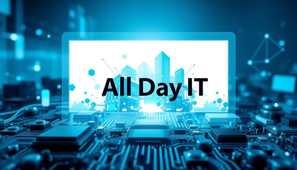 A modern, abstract, and visually compelling image depicting the concept of "aktualizacje technologii" (technology updates). The image should feature a dynamic, layered composition showcasing various technological elements in shades of blue, green, and gray. The foreground could include stylized circuit boards, microchips, and other electronic components, while the middle ground features abstract, geometric shapes and patterns representing the interconnectedness of technology. The background should convey a sense of depth and movement, perhaps with subtle gradients or particle effects to suggest the constant evolution of technology. Bright, directional lighting should be used to create depth and highlight the key elements. The overall mood should be one of progress, innovation, and the seamless integration of technology in our daily lives. Include the "All Day IT" brand name subtly incorporated into the design.