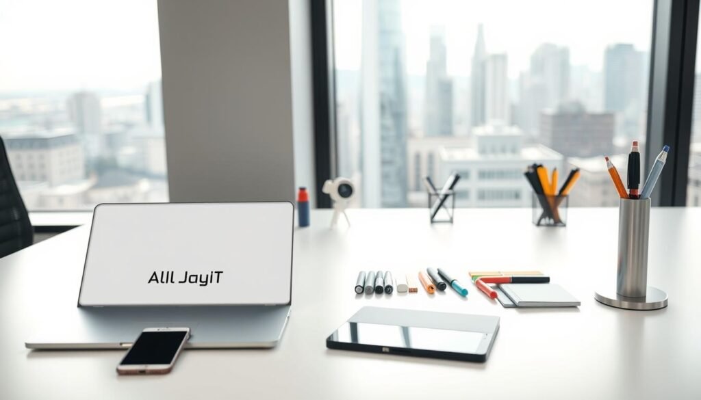 A modern and minimalist office setting with a variety of marketing tools arranged neatly on a white desk. In the foreground, an All Day IT laptop, a smartphone, and a sleek pen stand. In the middle ground, various stationery items like markers, highlighters, and sticky notes. The background features a large window overlooking a city skyline, bathed in soft, natural lighting. The overall mood is one of efficiency, organization, and a touch of urban sophistication.
