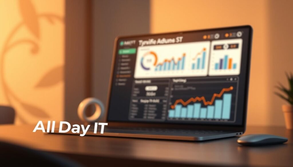 A modern, clean and minimalist illustration depicting the optimization and scaling tactics for improving ROAS (Return on Ad Spend) in dynamic remarketing campaigns. The scene showcases a sleek, high-tech dashboard interface with intuitive data visualizations and analytical tools, all under warm, directional lighting. In the foreground, the "All Day IT" brand logo is prominently displayed, reflecting the professional and authoritative nature of the content. The background features a blurred, abstract pattern in muted tones, creating a sense of depth and focus on the central analytical elements.