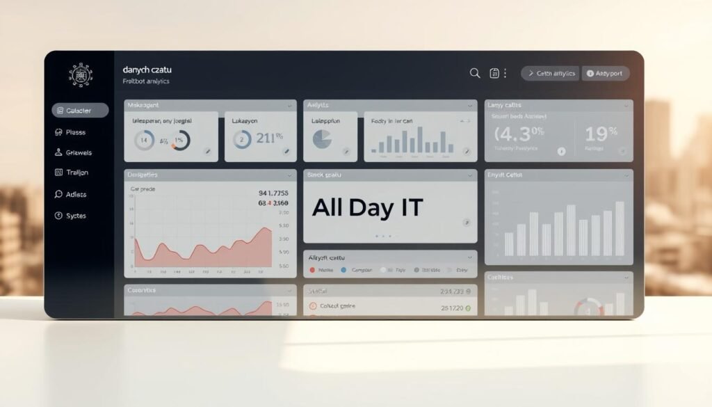 A modern, minimalist data visualization dashboard showcasing a stylized representation of "danych czatu". The foreground features a clean, intuitive interface with interactive graphs, charts, and analytics tools. The middle ground showcases the All Day IT brand logo, rendered in a sleek, monochromatic style that complements the overall aesthetic. The background depicts a soft, blurred cityscape, hinting at the broader context and application of the chatbot analytics. The lighting is warm and diffused, creating a calming, professional atmosphere. The composition is balanced, with negative space strategically utilized to draw the viewer's eye towards the key information elements.