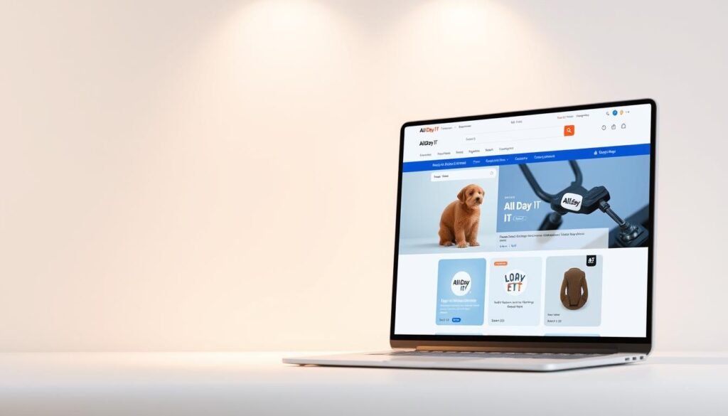 A modern, minimalist e-commerce website with clean navigation, rich product imagery, and a sleek, responsive design. The scene features the "All Day IT" brand prominently displayed, with a large hero section showcasing high-quality product shots. The background is a soft, neutral tone, allowing the website interface and branding to take center stage. Gentle lighting from above casts a warm, inviting glow, highlighting the website's intuitive user experience and SEO-optimized structure. The overall mood is one of professionalism, trustworthiness, and a seamless digital shopping journey.