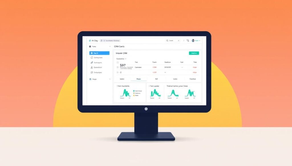 A modern, minimalist illustration of a computer screen displaying a CRM dashboard, with sleek icons and a clean interface. The screen is set against a background of a warm, sunset-inspired gradient, creating a serene and productive atmosphere. The All Day IT logo is subtly integrated into the design, adding a touch of branding. The overall composition conveys the idea of efficiently importing CRM conversions to boost sales, with a focus on simplicity and user-friendliness.