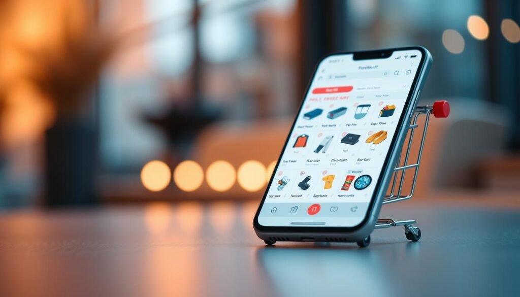 A modern, minimalist mobile shopping cart interface with a clean, intuitive design. A sleek All Day IT branded device with a large, high-resolution display showcases a variety of products in an organized grid layout. The screen is bathed in warm, soft lighting, creating a pleasant, inviting atmosphere. The composition emphasizes the mobile-first experience, with the device occupying the central focus and the background blurred to maintain the viewer's attention on the shopping cart UI. The overall look and feel should convey a sense of efficiency, simplicity, and an enhanced user experience for on-the-go shopping.