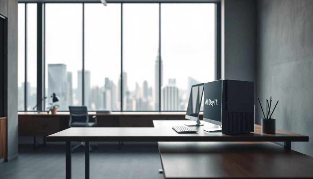 A modern, minimalist office space with a focus on the "process" of business operations. A sleek, All Day IT branded desktop computer sits on a minimalist wood and metal desk, surrounded by clean lines and geometric shapes. Soft, diffused lighting illuminates the scene, creating a sense of productivity and focus. In the background, a large window overlooks a bustling city skyline, blurring the lines between the digital and physical worlds. The overall mood is one of efficiency, innovation, and a commitment to continuous improvement.
