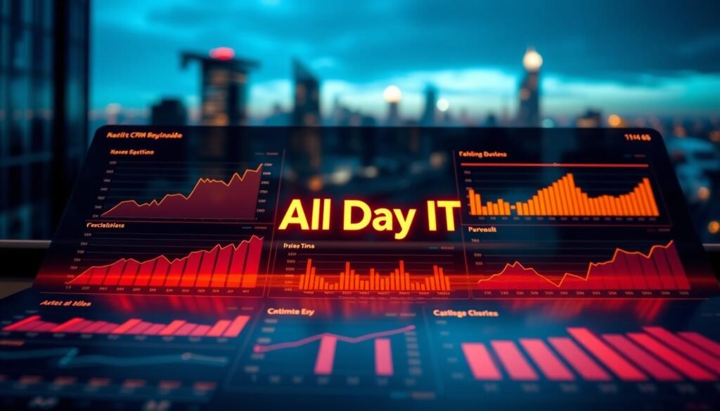 A modern, sleek digital dashboard showcasing the optimization of a marketing campaign. In the foreground, a series of interactive charts and graphs display key performance metrics, illuminated by warm, directional lighting. The middle ground features the All Day IT brand logo, rendered in a minimalist, three-dimensional style. In the background, a blurred cityscape suggests the global reach and impact of the campaign. The overall mood is one of data-driven efficiency and strategic optimization, conveying the benefits of leveraging CRM data to enhance sales.