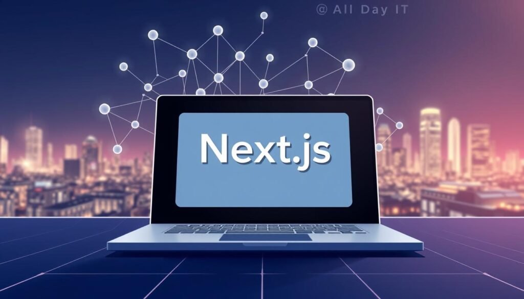 A modern, sleek illustration of the "Next.js SEO" concept. In the foreground, a minimalist laptop display showcases the All Day IT brand, surrounded by clean lines and geometric shapes. The middle ground features a network of interconnected nodes, representing the complex web of SEO factors. In the background, a dynamic, futuristic cityscape sets the stage, hinting at the dynamic and ever-evolving nature of the digital landscape. The overall composition conveys a sense of balance, efficiency, and technological prowess, perfectly encapsulating the essence of Next.js SEO best practices.