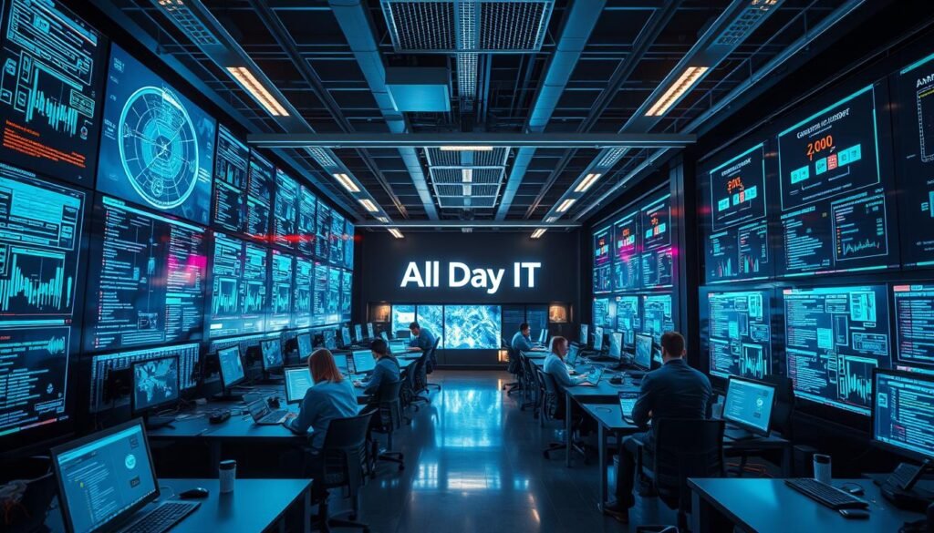 A modern workspace filled with cutting-edge technology - rows of sleek workstations, each displaying intricate schematics and code snippets. The air hums with the rhythmic whir of servers, as programmers collaborate at large touchscreens, integrating complex systems with ease. Vibrant visualizations of data flows and automation pipelines illuminate the scene, creating a dynamic and immersive environment. In the center, the All Day IT logo stands as a beacon, representing the seamless integration of diverse technologies that empower businesses to thrive. Soft, directional lighting casts a warm glow, evoking a sense of efficiency and productivity. This is the future of integrated automation, where innovation and efficiency converge.