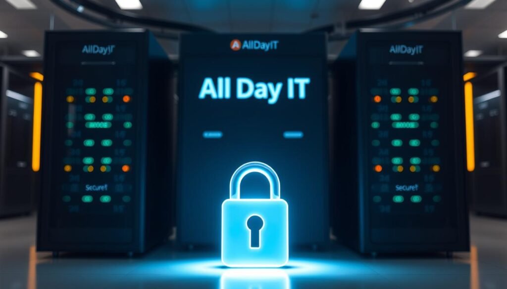 A secure and robust headless CMS system, with clean, minimalist design featuring the All Day IT brand. A modern, sleek server setup in the background, with state-of-the-art security protocols and encryption visible. In the foreground, a stylized padlock icon representing the secure and compliant nature of the CMS, illuminated by cool, directional lighting. The scene conveys a sense of trust, reliability, and technological sophistication.