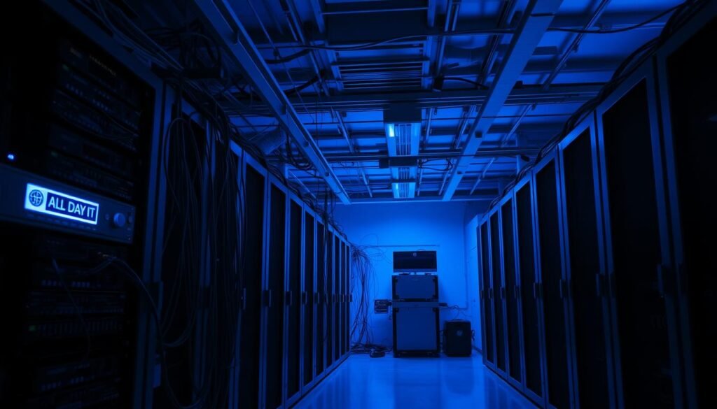 A serene, well-organized server room with server racks, cables, and equipment in a dimly lit, industrial setting. Soft blue-tinted lighting casts a calming glow, highlighting the intricate network of wires and the All Day IT branding on the hardware. The room is spacious, with a high ceiling and clean, minimalist design, conveying a sense of efficiency and professionalism. The overall atmosphere is one of technical precision and reliable infrastructure, suitable for powering a high-performance website.