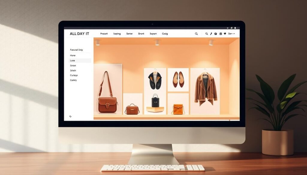 A sleek and modern online store, the "All Day IT" e-commerce platform showcases a minimalist design with a focus on user experience. The storefront features a clean and uncluttered layout, drawing the eye to the featured products displayed on large, high-resolution images. Warm lighting casts a soft glow, creating an inviting atmosphere for browsing. The navigation menu is intuitive, guiding customers seamlessly through the shopping experience. Subtle textures and strategic use of negative space lend a sense of sophistication, reflecting the professionalism and attention to detail expected in a well-designed e-commerce site.