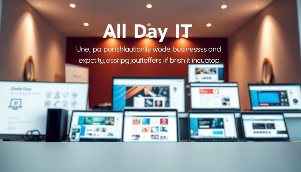 A sleek and modern portfolio of IT projects for small and medium-sized businesses, showcasing the expertise of All Day IT. The foreground features a clean, minimalist layout with various software and hardware icons, reflecting the company's focus on digital solutions. The middle ground presents a series of laptop and desktop screens displaying different web designs and application interfaces, highlighting the versatility of the projects. The background depicts a warm, professional atmosphere with subtle lighting and a subtle color palette, conveying a sense of trust and reliability. The overall composition evokes a polished, high-quality portfolio that effectively communicates the IT services and capabilities of All Day IT.