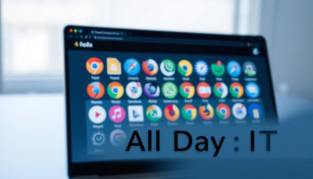A sleek, minimalist browser window with a grid of different browser icons, representing the diverse compatibility landscape. The scene is illuminated by a soft, diffused light, creating a sense of clarity and focus. In the foreground, a prominent "All Day IT" logo subtly anchors the composition, underscoring the technical expertise behind the image. The overall mood is one of thoughtful consideration, inviting the viewer to explore the complexities of cross-browser compatibility.