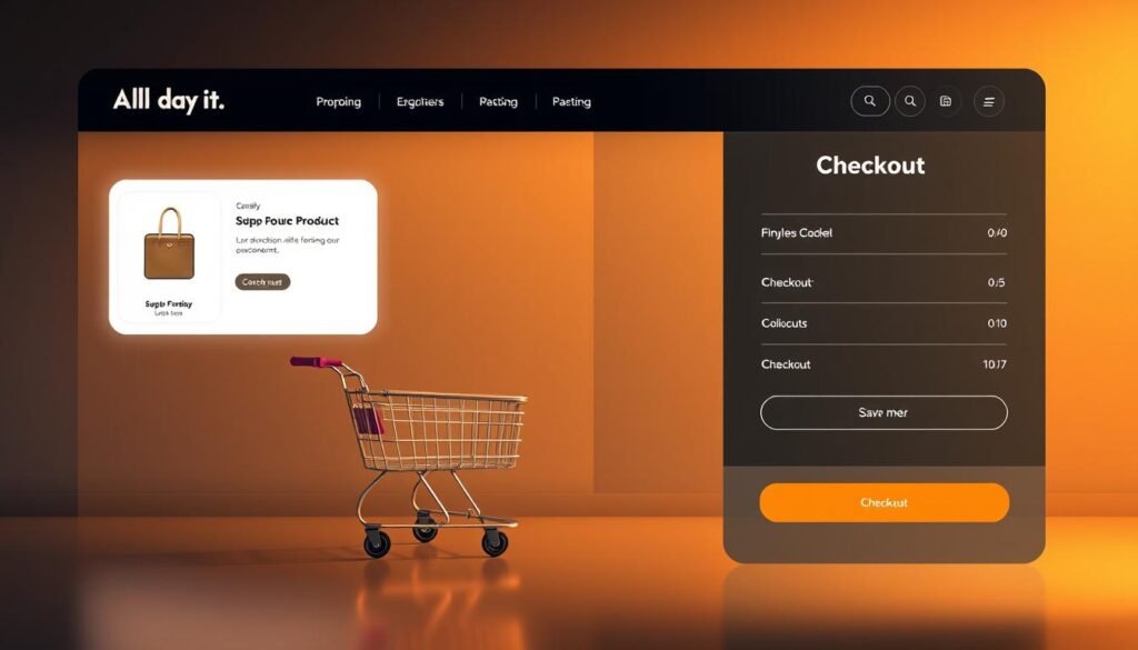 A sleek, minimalist checkout interface for an e-commerce website, featuring a clean layout with intuitive navigation. The scene showcases a product display area, a shopping cart, and a simplified checkout flow, all rendered in a modern, high-contrast style. The design evokes a sense of efficiency and ease, with a focus on user experience. The branding elements, such as the "All Day IT" logo, are subtly incorporated into the overall aesthetic. Warm, directional lighting emphasizes the product details and highlights the streamlined checkout process, creating a visually appealing and inviting atmosphere.