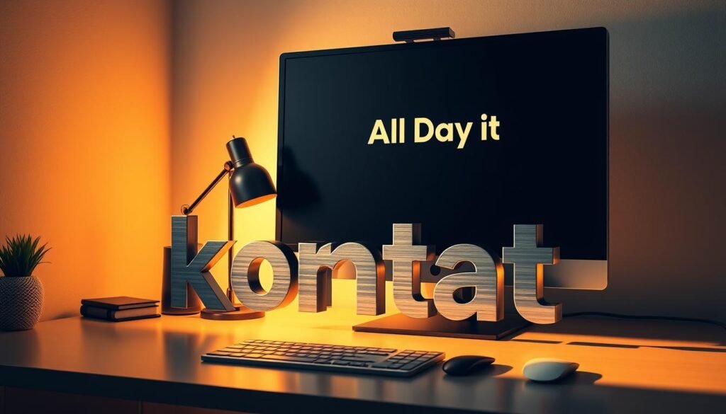 A sleek, minimalist desk setup featuring a modern, All Day IT branded desktop computer and a stylized, three-dimensional "kontakt" icon made of brushed metal. The scene is bathed in warm, directional lighting that casts dramatic shadows, creating a sense of depth and sophistication. The desktop is clean and clutter-free, allowing the key elements to take center stage. The overall composition is well-balanced, guiding the viewer's attention to the "kontakt" icon, which serves as the focal point and visually represents the "Kontakt — zacznijmy projekt dla Twojej firmy" section of the article.