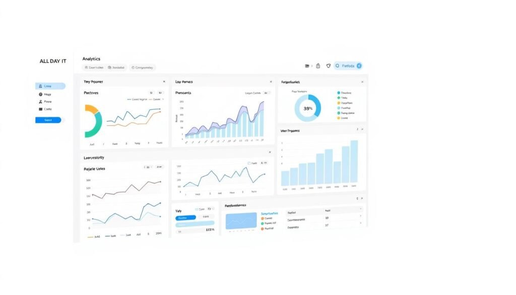A sleek, modern dashboard displaying various analytics charts and graphs, showcasing the capabilities of an "All Day IT" software tool. The dashboard features a clean, minimalist design with a neutral color palette of greys, whites, and subtle accents of blue. The layout is well-organized, with intuitive data visualizations that provide clear insights into user behavior and website performance. The interface conveys a sense of professionalism and efficiency, inviting the user to explore the robust analytical features of this comprehensive "All Day IT" solution.