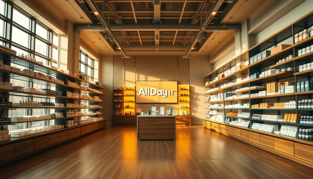 A vast, richly-detailed ecommerce store interior, showcasing a sleek, minimalist design aesthetic. The shelves are neatly stocked with a variety of products, while the center of the frame features a prominent display of the "All Day IT" brand. Warm, natural lighting filters in through large windows, casting a cozy, inviting ambiance throughout the space. The floor is composed of smooth, polished hardwood, and the walls are adorned with subtle, understated decor elements. An air of professionalism and refinement permeates the scene, reflecting the care and attention that has gone into curating this virtual shopping experience.