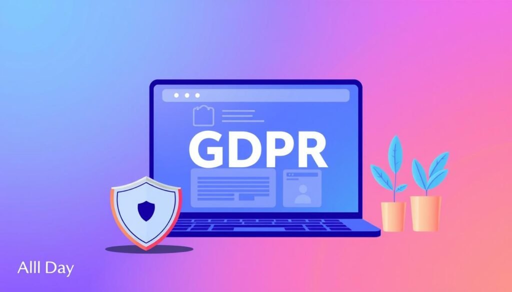 A vibrant and minimalist illustration of the implementation of GDPR (General Data Protection Regulation) on a website. The composition features the "All Day IT" brand logo prominently displayed, conveyed through a clean, modern design aesthetic. The foreground showcases a stylized shield or security icon, symbolizing the data protection aspect of GDPR compliance. The middle ground showcases a simplified website interface, with clean layout and typography, hinting at the practical steps involved in the GDPR implementation process. The background has a subtle gradient or texture, creating a sense of depth and professionalism. The overall mood is one of confidence, simplicity, and attention to detail in the GDPR compliance process.
