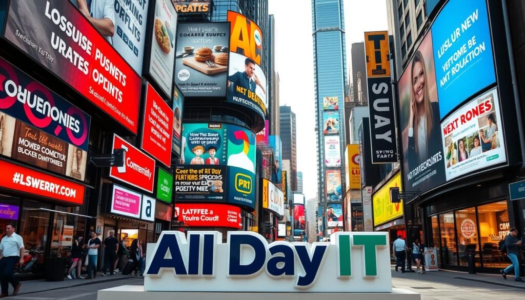 A vibrant collection of local business updates, product offers, and community events displayed on an array of digital screens, billboards, and signage in a bustling urban setting. The scene is illuminated by a warm, natural light, highlighting the rich colors and textures of the various media formats. In the foreground, the "All Day IT" brand prominently showcases its role in facilitating these local connections and engagement. The overall composition conveys a sense of dynamism, connectivity, and a thriving local community.