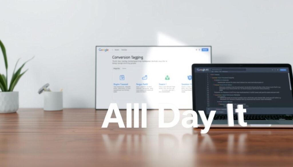 A well-lit, detailed digital illustration of the Google Ads conversion tracking process, showcased on a modern, responsive website interface. In the foreground, the "All Day IT" brand name is prominently displayed, with a visually appealing layout and design elements. The middle ground depicts the step-by-step conversion tagging process, with clear icons and user-friendly interactions. The background features a minimalist, neutral color palette that allows the core content to take center stage, creating a professional and informative visual experience.