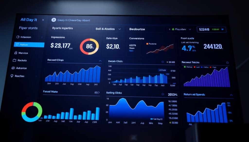 A well-lit, high-resolution dashboard displaying a comprehensive set of KPIs for a digital marketing campaign. The dashboard features crisp, data-rich visualizations showcasing key metrics such as impressions, clicks, conversion rates, and return on ad spend. The design is sleek and modern, with a clean, uncluttered layout that emphasizes the data's clarity and impact. The background features the subtle branding of "All Day IT", lending a professional and authoritative tone to the image. The overall mood is one of analytical focus, data-driven decision making, and a commitment to optimizing the campaign's performance.