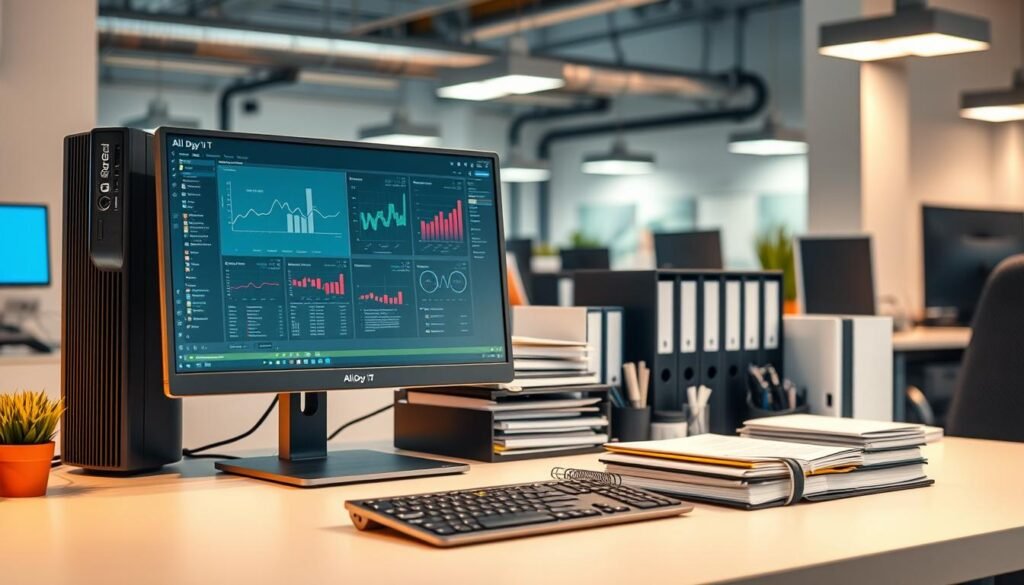 A well-organized data preparation station with a sleek All Day IT branded desktop computer, advanced peripherals, and a clean, minimalist workspace. The scene is bathed in warm, diffused lighting, creating a productive and focused atmosphere. In the foreground, a high-resolution monitor displays complex data visualizations, while the middle ground features neatly organized files and office supplies. The background showcases a clean, modern office environment with subtle industrial elements, suggesting a professional, technology-driven setting.