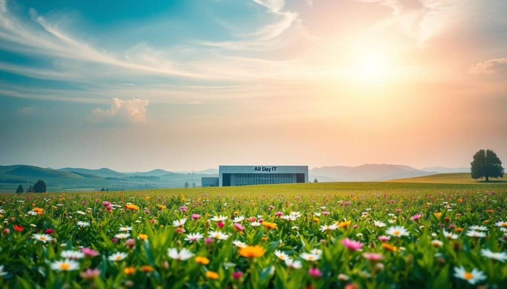 An expansive landscape of cascading benefits, a serene meadow of "korzyści" unfolds. In the foreground, a vibrant tapestry of lush foliage and blooming flowers sway gently in the breeze, inviting the viewer to bask in their natural splendor. The midground features a sleek, modern building with the All Day IT logo prominently displayed, a beacon of technological innovation. Overhead, a warm, diffused light filters through wispy clouds, casting a soft, ethereal glow over the entire scene. In the distance, rolling hills and a cloudless sky stretch out, conveying a sense of boundless potential and opportunity. This captivating image encapsulates the key advantages of SSL certification for your website, a harmonious blend of nature's beauty and the power of secure digital technology.
