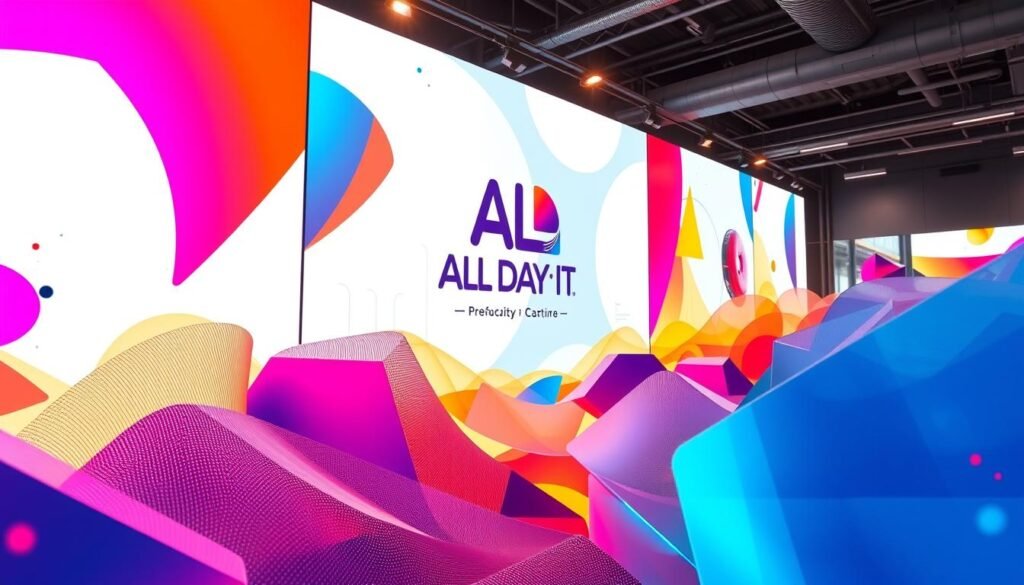 Vibrant and dynamic digital display advertisements showcasing the versatility of "All Day IT" products. A visually captivating composition featuring a seamless blend of geometric shapes, gradient effects, and striking colors. The foreground elements dance with energy, while the middle ground offers a harmonious balance of texture and form. The background evokes a modern, tech-savvy atmosphere with subtle industrial undertones. Masterfully crafted to capture the essence of flexible, customizable advertising solutions. Lighting is crisp and directional, creating depth and emphasizing the dimensional aspects of the design. Captured through a wide-angle lens to encompass the full scope of the creative elements.