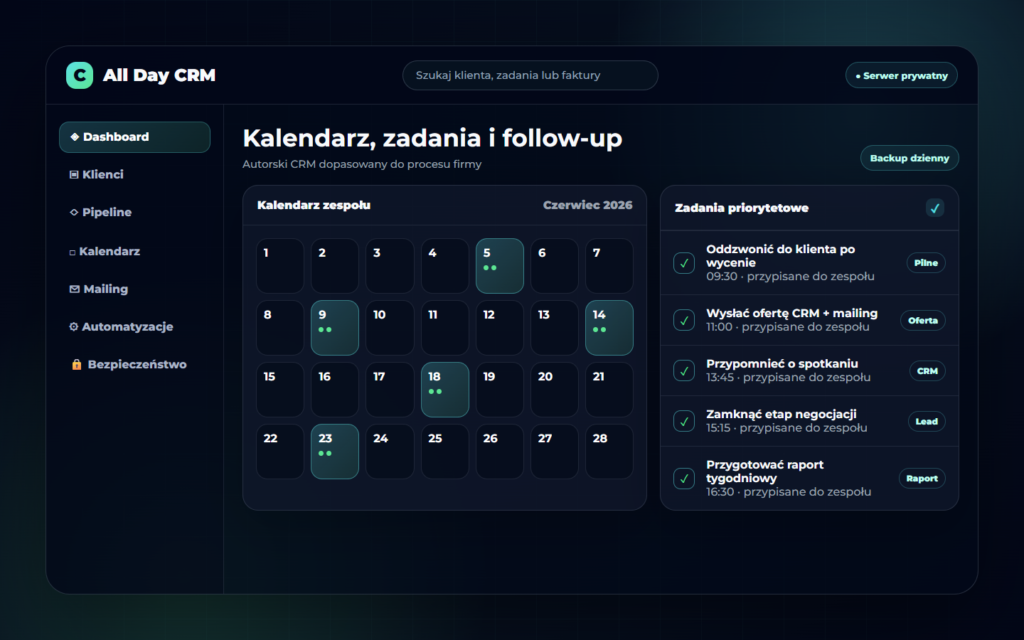 Screen CRM - kalendarz, zadania i follow-up