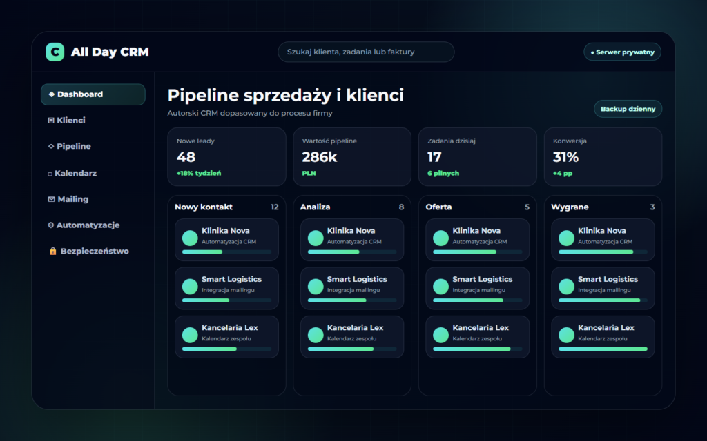 Screen CRM - pipeline sprzedaży i klienci